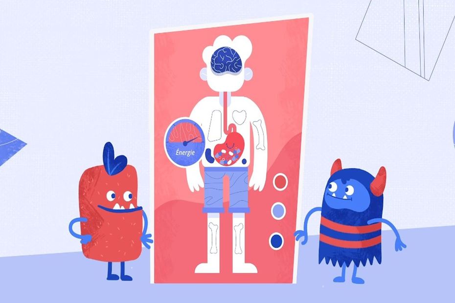 Two monsters and outline of a boy's body showing inside his stomach FR